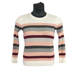 Karen Scott Women's Ks Merlot Combo Holly Striped Cable Knit Sweater Size PS NWT